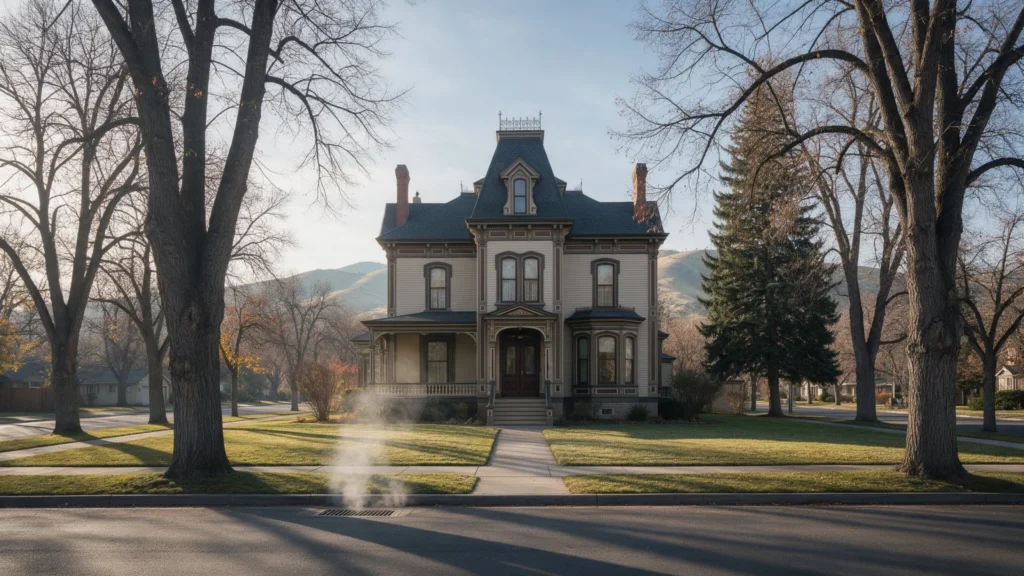 Stately historic Victorian home on a tree-lined avenue in Boise's East End with steam faintly rising from a st in Boise, ID