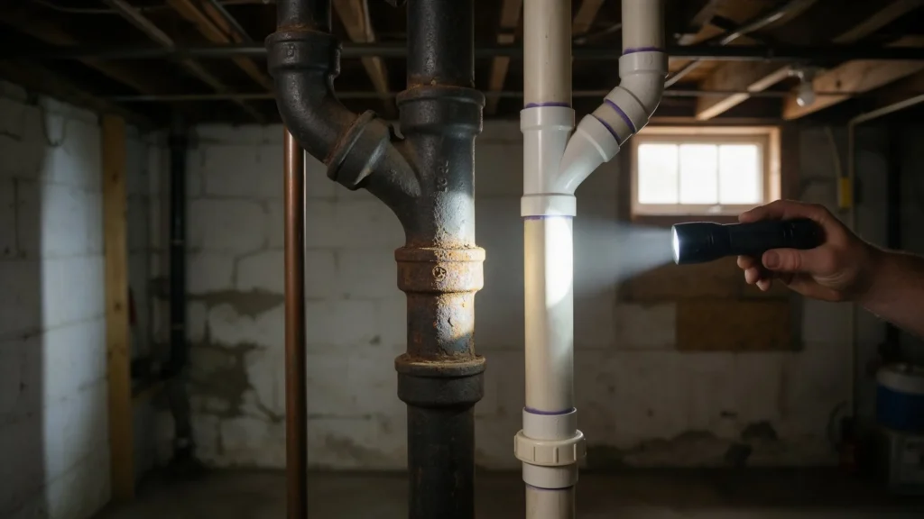 Old cast iron drain pipes and newer PVC pipes side by side in the basement of older Boise home in Boise, ID