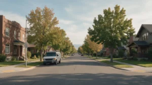 Residential street in Caldwell, Idaho with a plumber service van