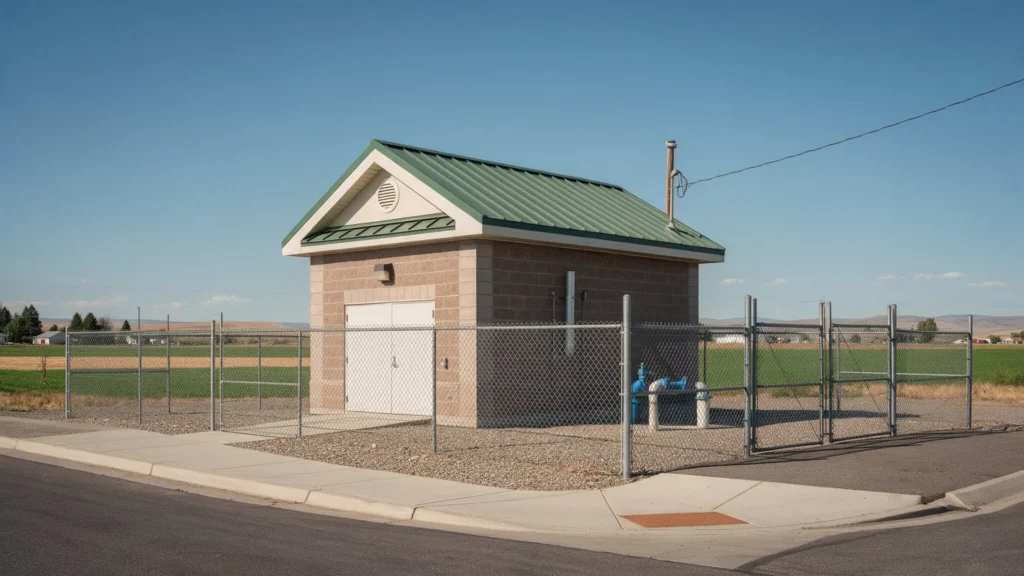 Municipal groundwater well house building with a fenced yard on the edge of a small Idaho city in Caldwell, ID