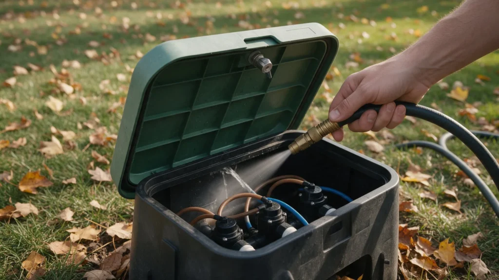 Residential pressurized irrigation sprinkler valve box opened in a lawn in autumn in Caldwell, ID