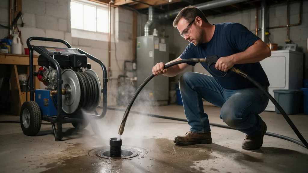 Plumber operating a hydro jetting machine with a high-pressure hose fed into a basement floor cleanout in Caldwell, ID