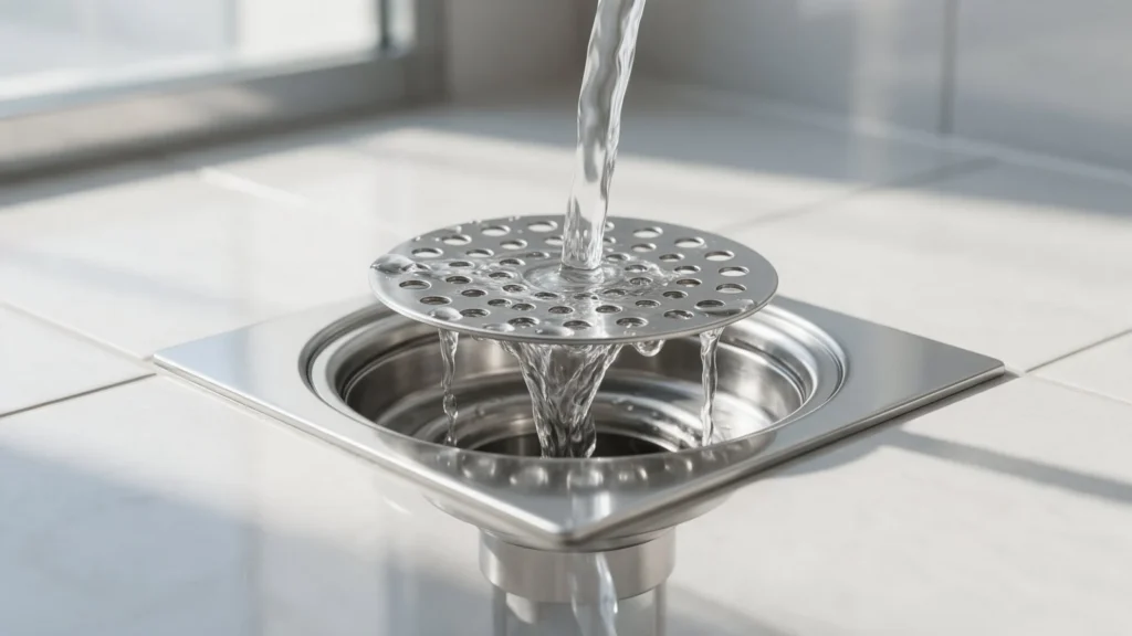 Stainless steel shower drain with a hair catcher strainer installed in Caldwell, ID