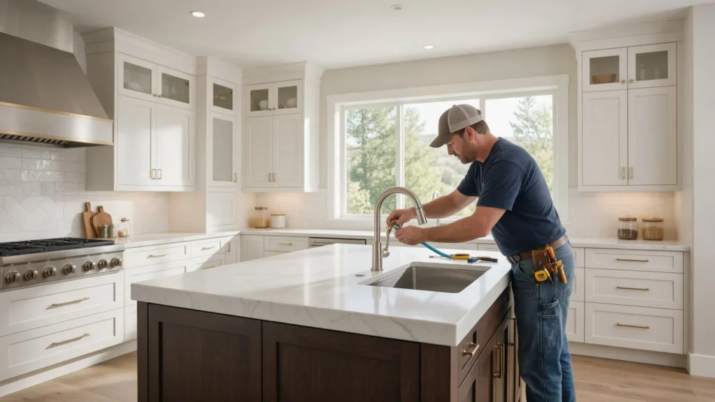Plumber installing a kitchen faucet in an Eagle, Idaho home