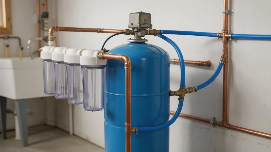 Blue well pressure tank and pressure switch with filtration canisters in a clean utility room of a rural Idaho in Eagle, ID