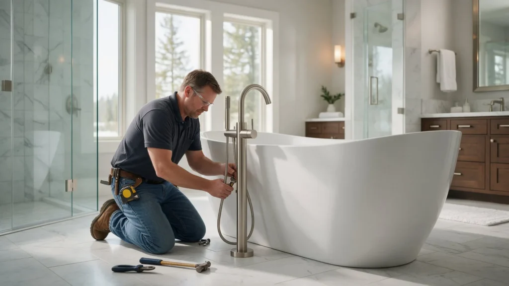 Large modern bathroom in an upscale Idaho home with a freestanding tub and a plumber installing a floor-mounte in Eagle, ID