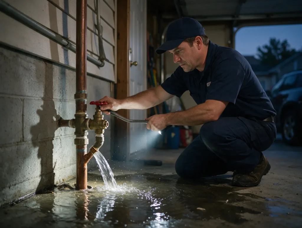 Plumber shutting off water at a burst pipe in a basement