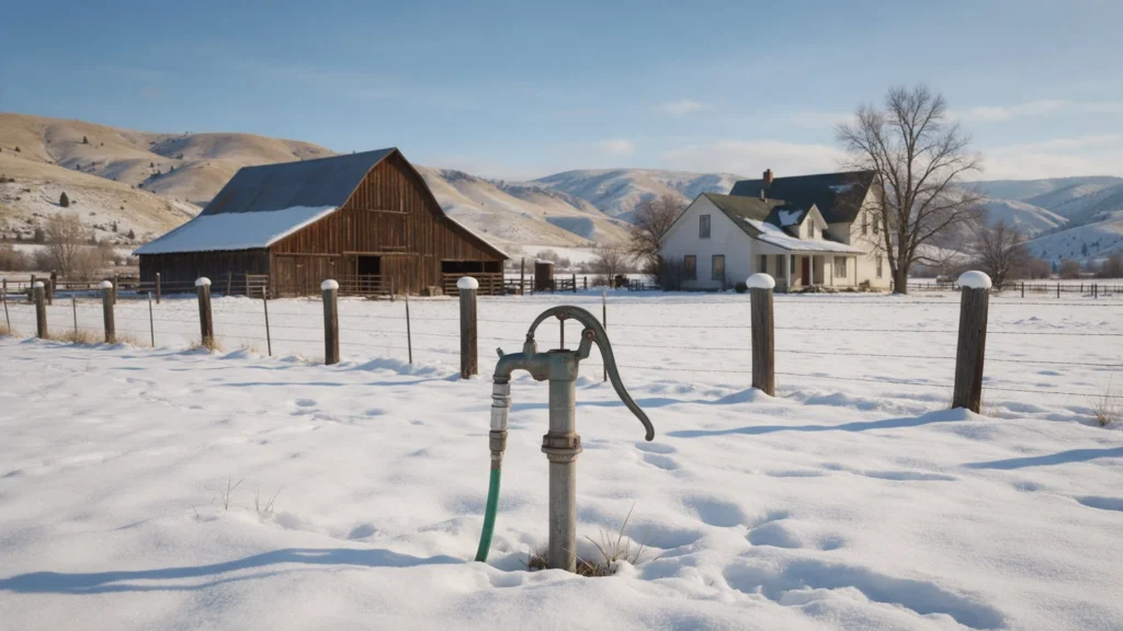 Rural Idaho barn and farmhouse in winter with a frost-free yard hydrant in the foreground in Emmett, ID