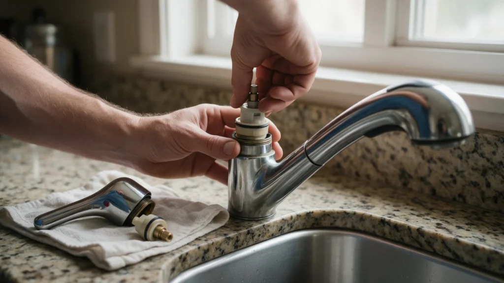 Plumber replacing a kitchen faucet cartridge during faucet repair