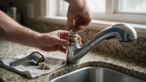 Plumber replacing a kitchen faucet cartridge during faucet repair
