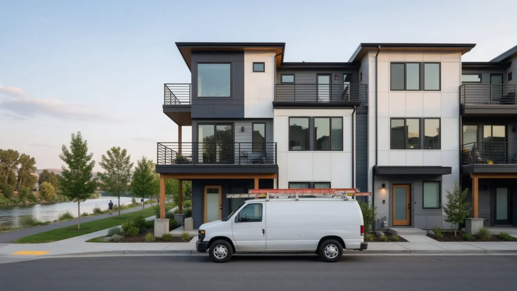 Plumber van outside riverside townhomes in Garden City, Idaho