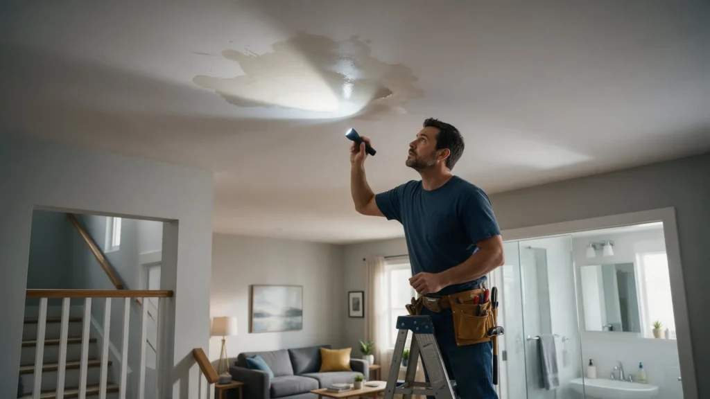 Water stain spreading on the ceiling of a modern townhome living room below an upstairs bathroom in Garden City, ID