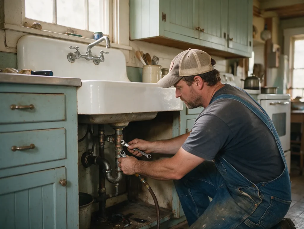 Plumber repairing an older kitchen sink drain in a Caldwell home
