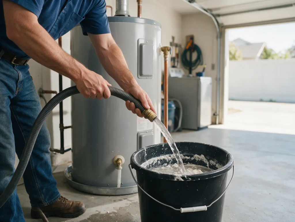 Plumber flushing sediment from a water heater in a Meridian, ID garage