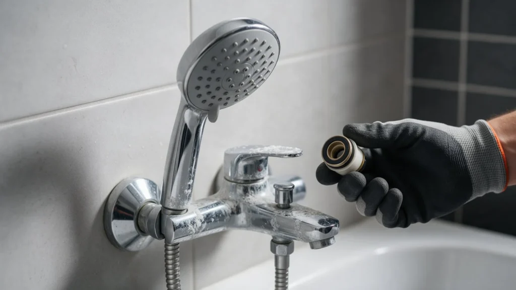 Hard-water scale on a shower faucet in a Meridian, Idaho home
