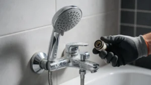 Hard-water scale on a shower faucet in a Meridian, Idaho home