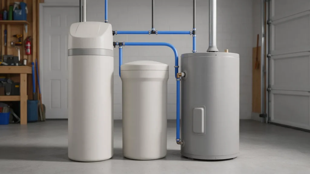 Whole-home water softener and brine tank installed beside a water heater in a garage in Meridian, ID
