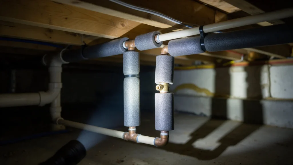 Crawl space under a newer Idaho home with insulated water pipes and foam pipe sleeves in Meridian, ID