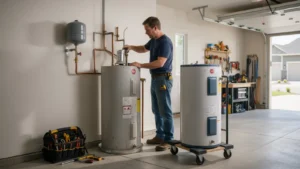 Plumber replacing a tank water heater in a Middleton, Idaho garage
