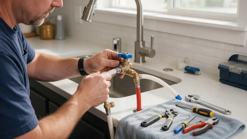 Plumber replacing a shut-off valve under a kitchen sink in a newer Idaho home in Middleton, ID