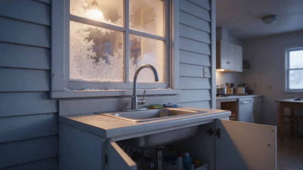 Open kitchen sink cabinet doors on exterior wall during a winter cold snap in Middleton, ID
