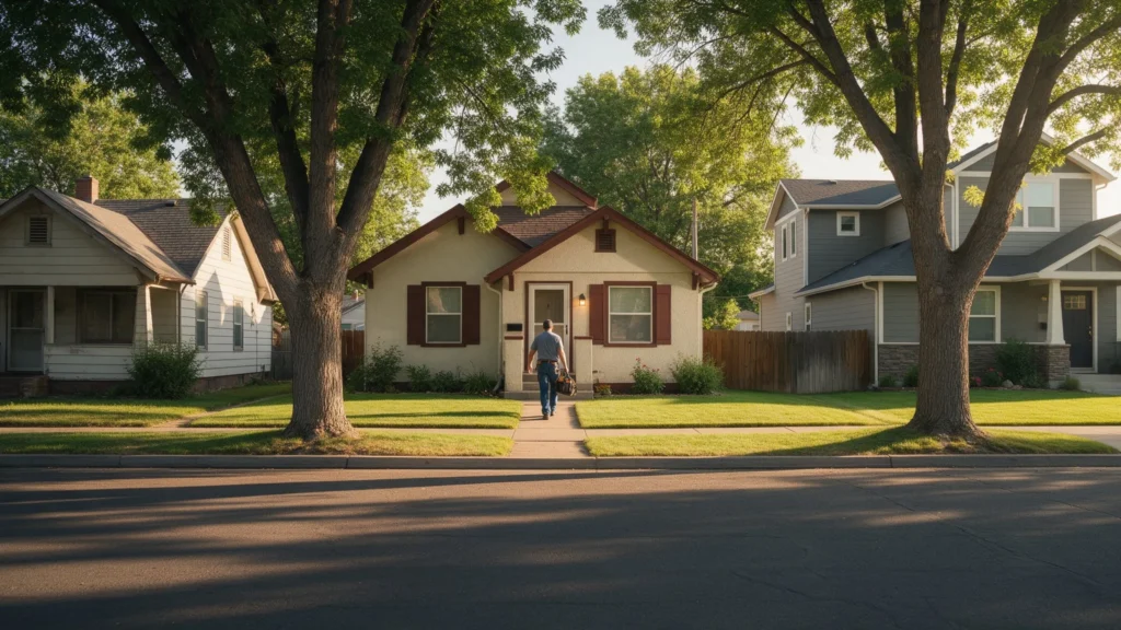 Plumber arriving at a home on a tree-lined street in Nampa, Idaho