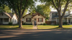Plumber arriving at a home on a tree-lined street in Nampa, Idaho