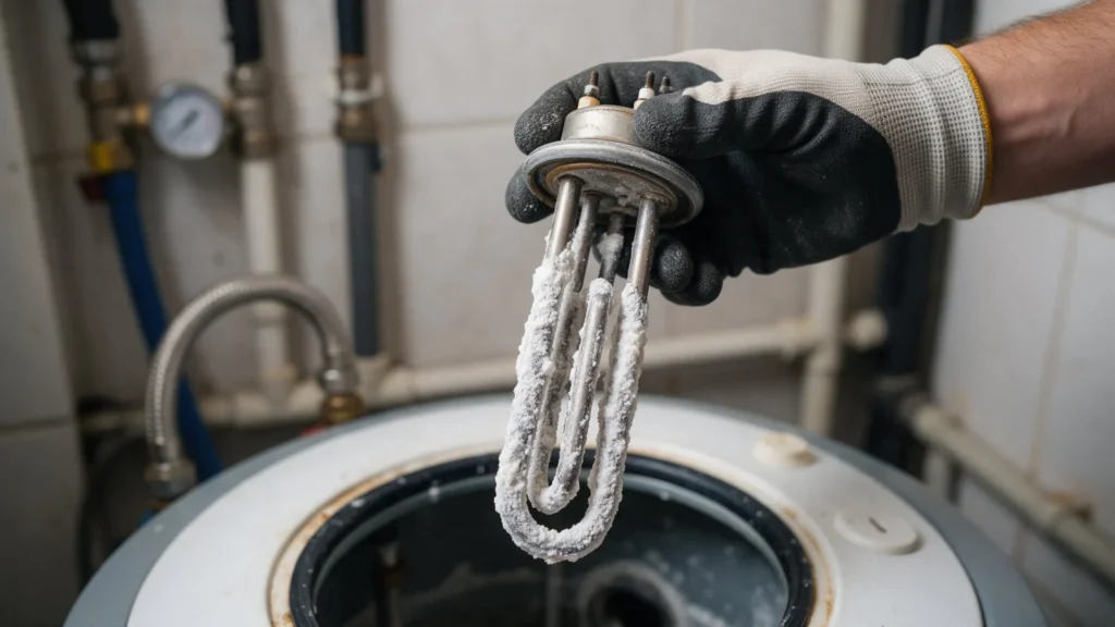 Electric water heater heating element removed and covered in thick white mineral scale in Nampa, ID