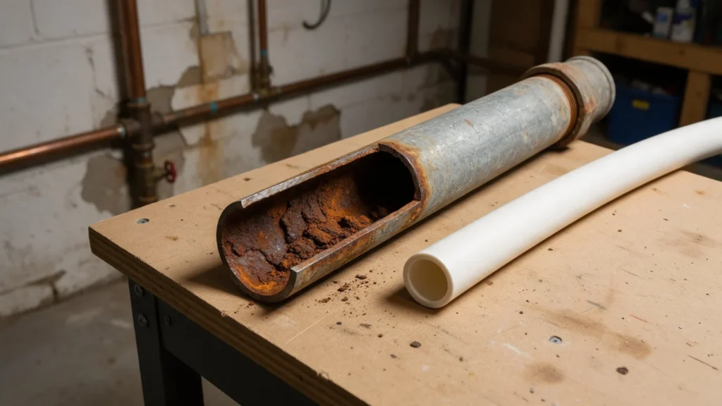 Old corroded galvanized steel water pipe cut open showing rust buildup inside in Nampa, ID