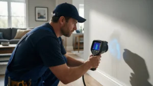 Plumber using thermal imaging to find a hidden pipe leak in a wall