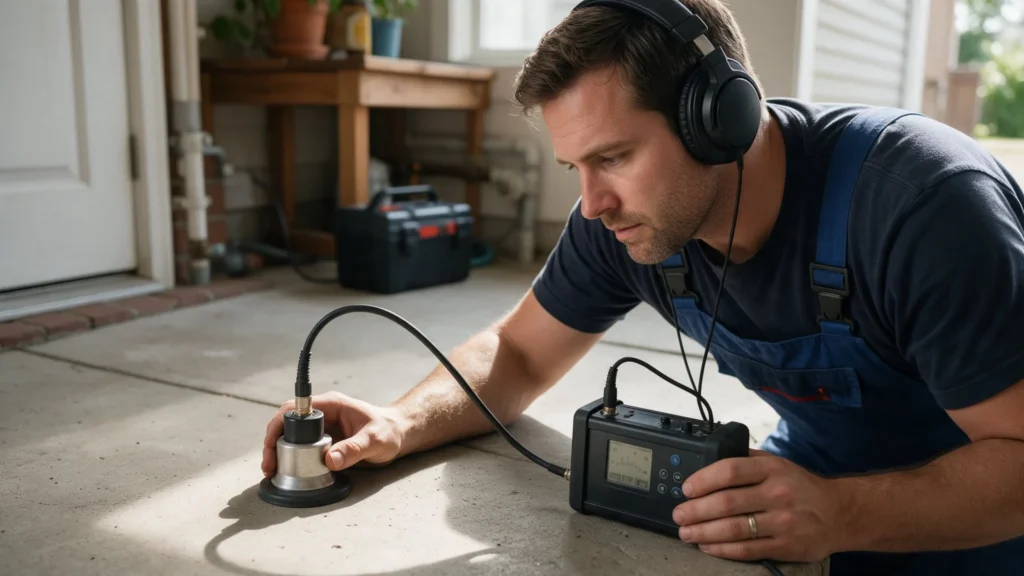 Plumber wearing headphones using an acoustic leak detection device with a ground microphone on a concrete floo in Caldwell, ID