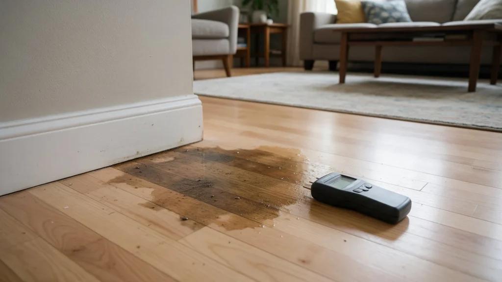 Damp darkened patch on a light hardwood floor near a wall in a living room in Caldwell, ID
