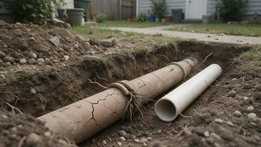 Excavated trench in a residential yard showing an old cracked clay sewer pipe with tree roots growing into a j in Caldwell, ID