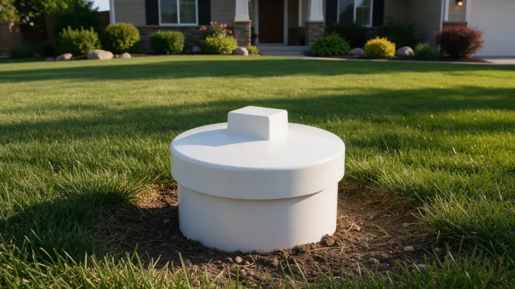 White PVC sewer cleanout cap in a green front lawn of a suburban Idaho home in Caldwell, ID