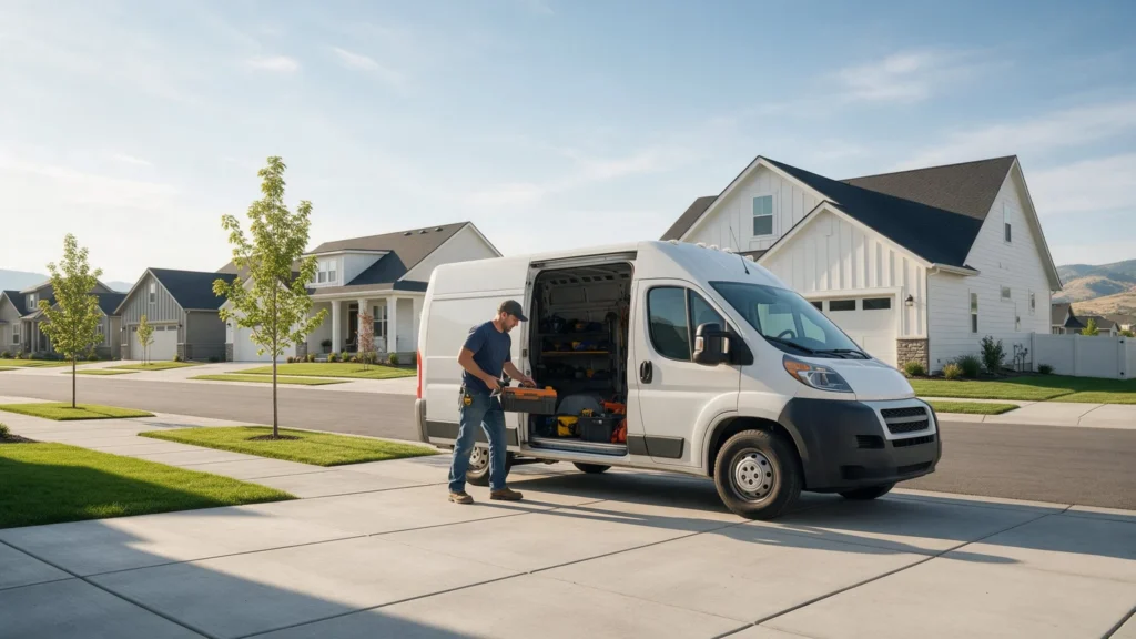 Plumber unloading tools at a new home in Star, Idaho
