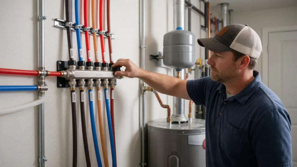 Plumber checking a PEX manifold with labeled supply lines on a utility room wall in a new home in Star, ID
