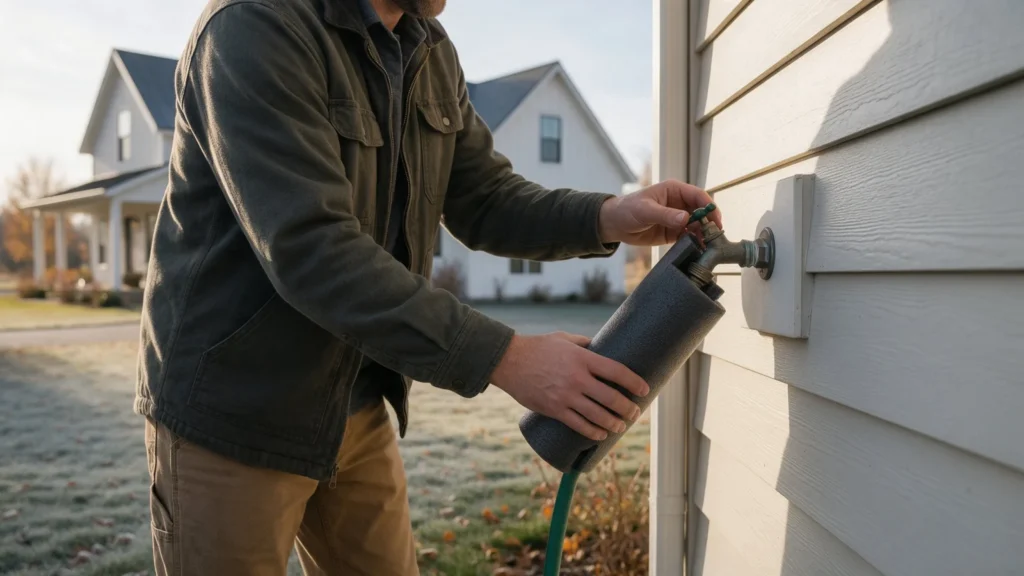 Homeowner fitting a foam insulating cover over an outdoor faucet on the siding of a new farmhouse-style Idaho in Star, ID