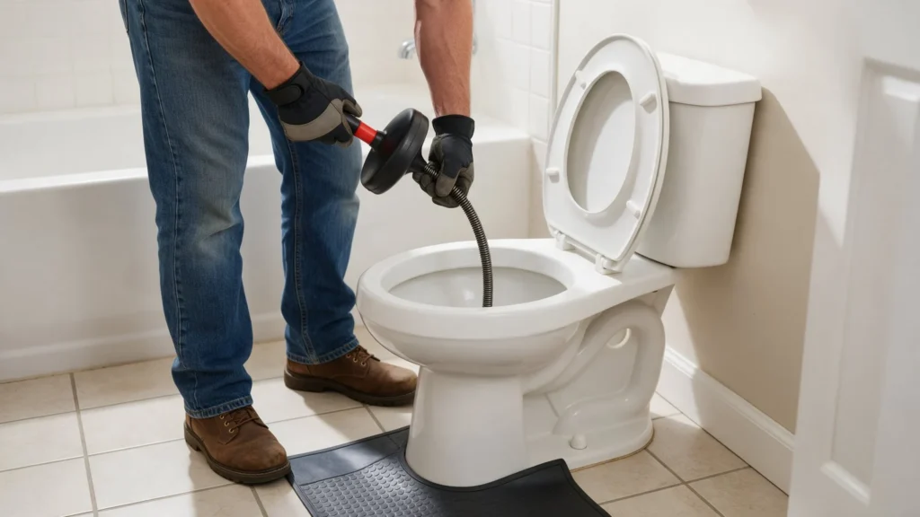 Plumber using a closet auger on a white toilet in a clean bathroom in Caldwell, ID