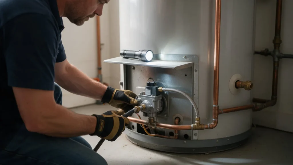 Plumber inspecting a gas water heater control valve in Caldwell, ID
