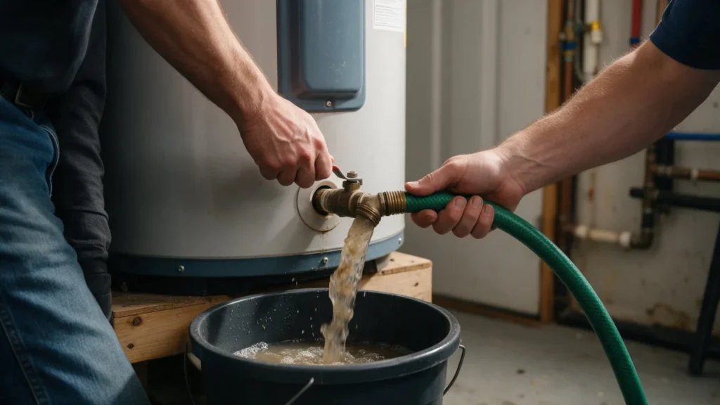 Plumber draining a residential tank water heater through a garden hose attached to the drain valve in Caldwell, ID