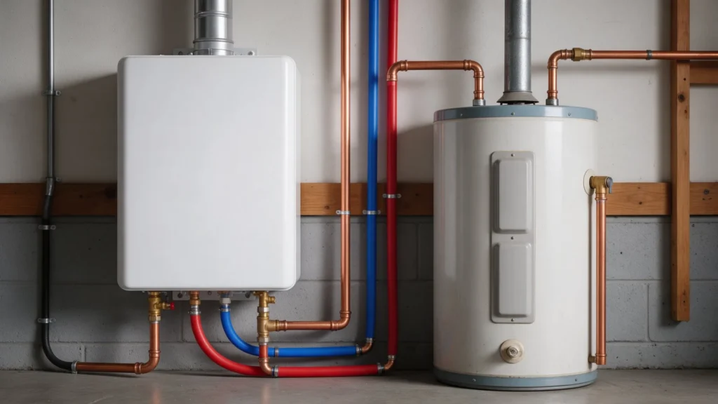 New white tankless water heater mounted on a garage wall next to an older tank water heater in Caldwell, ID
