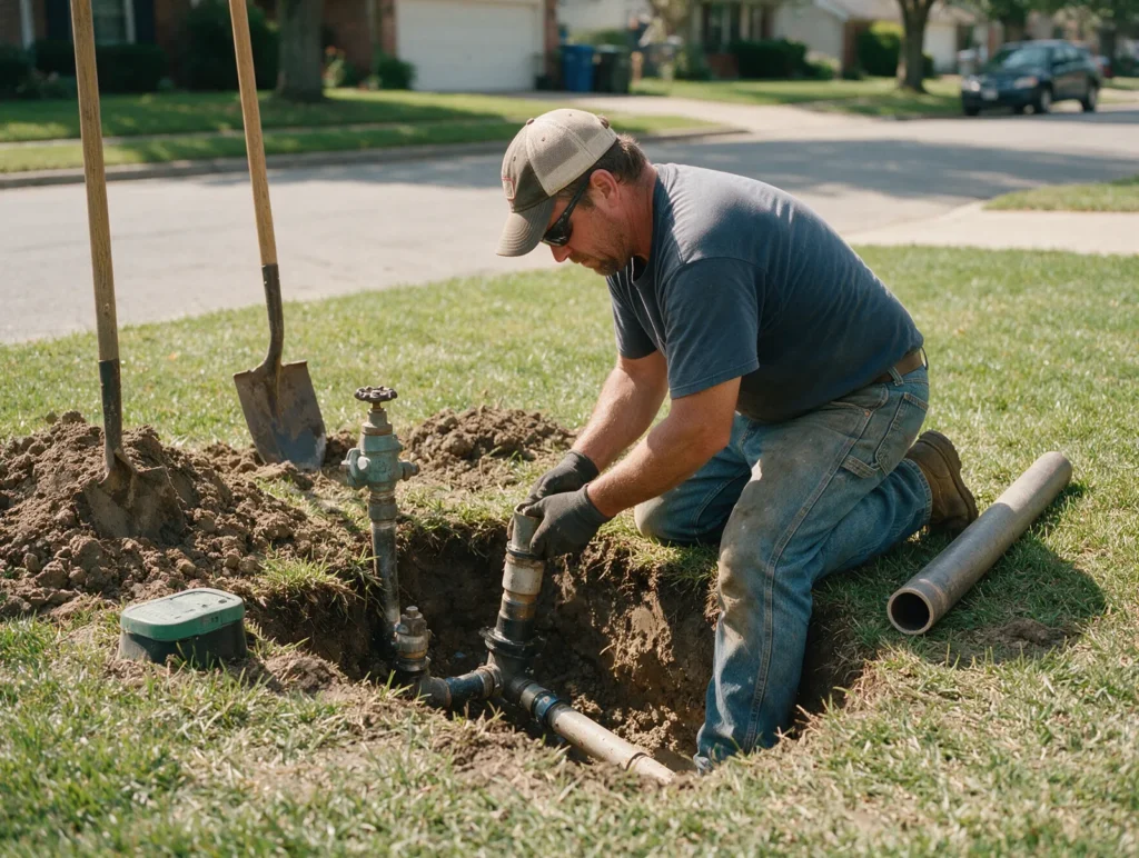 Plumber repairing a main water line in a front yard trench