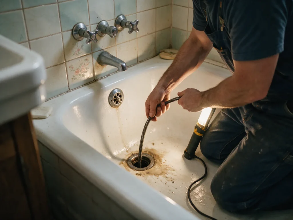 Plumber clearing a clogged bathtub drain with a drain cable